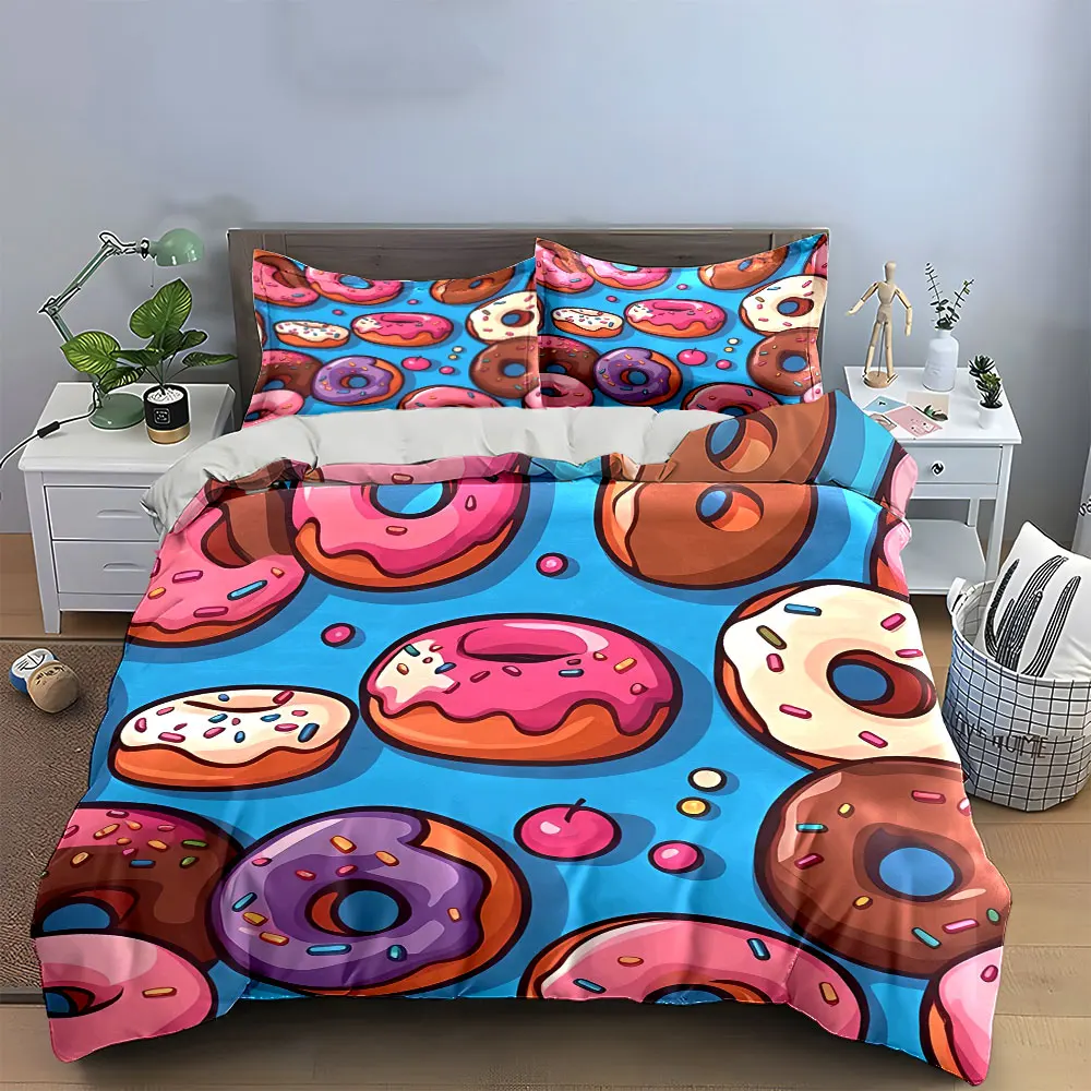 Colorful Donut Theme Home Decor Bedding Set with 1 Duvet Cover 2 Pillowcases Single Double King Queen, Gift