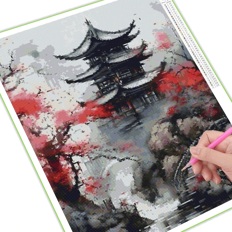 Abstract Landscape Pavilion Diamond Painting New Arrival 2024 Sakura Tree Temple Full Mosaic Diy Rhinestone Embroidery Picture