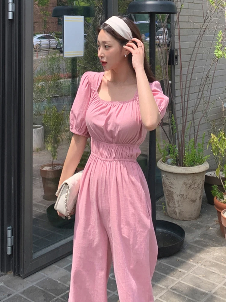 

Summer New Women's One-Piece Pants Wide Leg 9-Length Elastic Waist Slim High Waist Square Collar Bubble Sve Jumpsuit