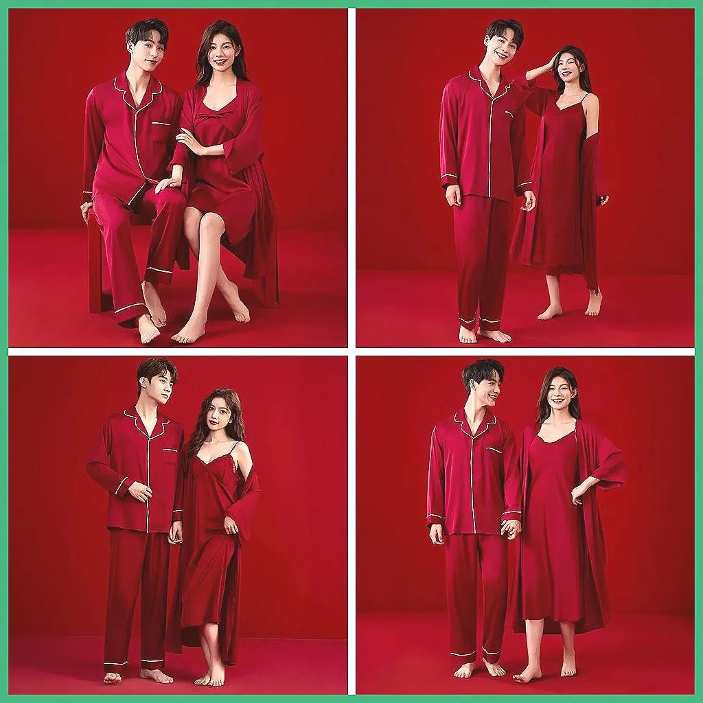 

Romantic Red Couple Pajamas Set, Long Sleeve Wedding Night Loungewear for Women and Men