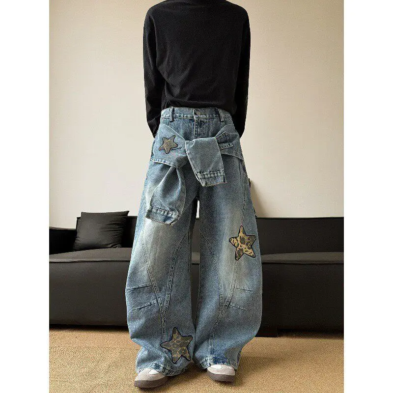 

Retro American Leopard Print Embroidery Men's Jeans Loose Wide Leg Pants Star Splicing Design Low Waist Drawstring Cuff