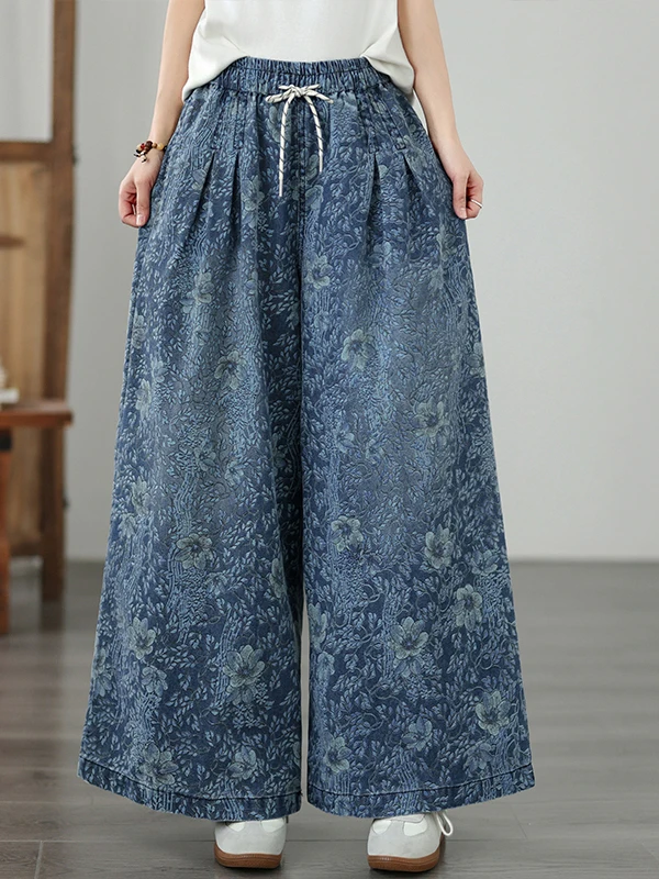 

High Waist Wide Leg Jeans Elastic Straight Cut Printed Casual Versatile Blue Denim Women's Summer Fashion plus Size