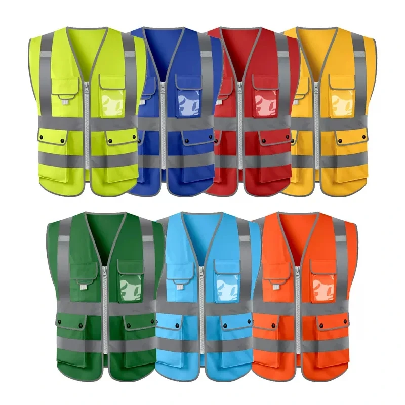 Reflective Vest with Zipper Multi Pockets Work Vest for Men Fluorescent Safety Yellow Vest High Visibility Vest Work Wear