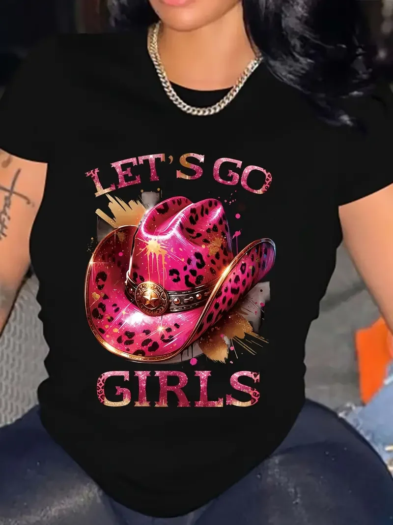 

《Let's go girls》 western cowboy leopard printing hat pattern women's T-shirt fashion casual daily street round neck women's top