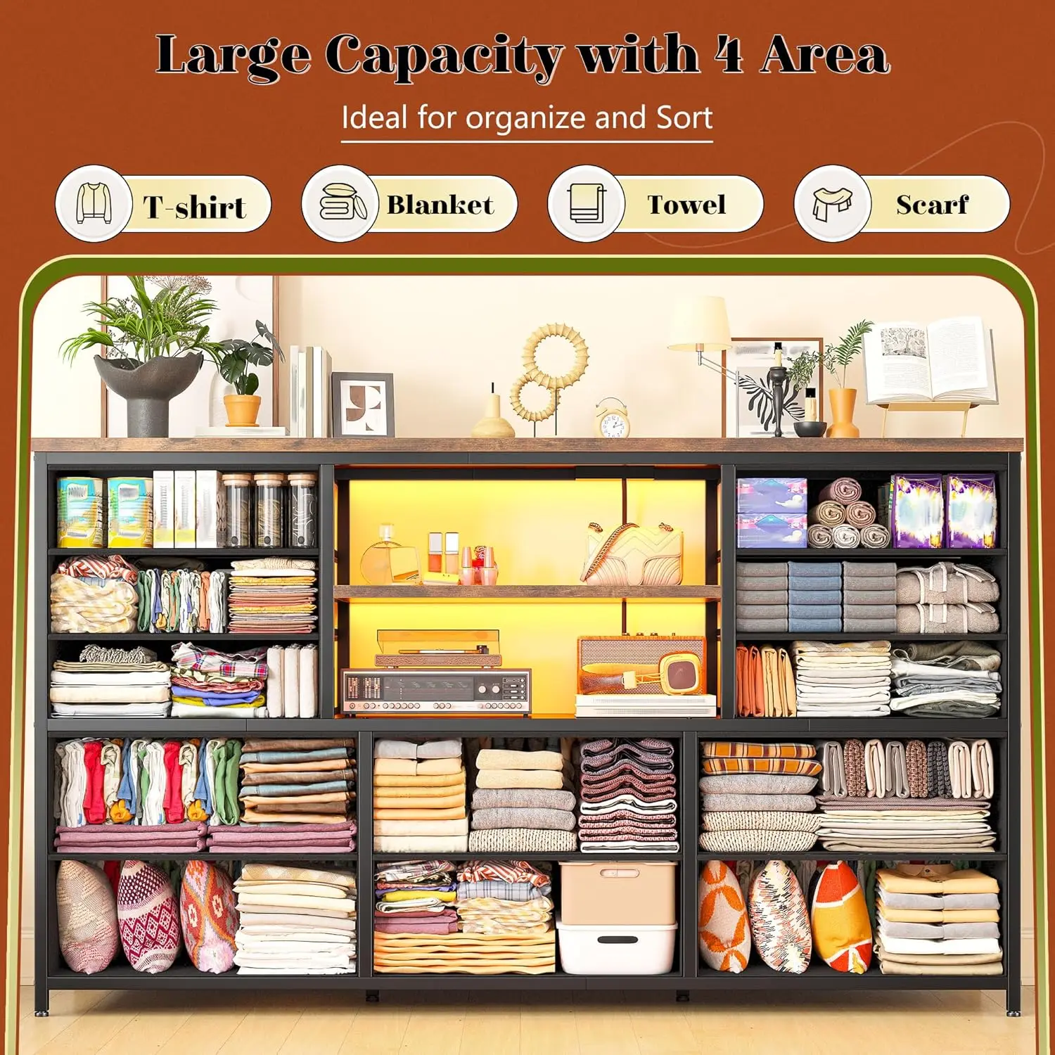 خزانة غرفة النوم مع أضواء LED ومحطة شحن، حامل تلفزيون 12 درج لتلفزيون 60 بوصة، بني ريفي #6