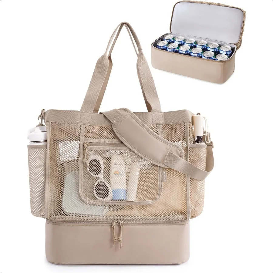 

Beach Bag for Women Mesh Tote Bags with Zipper Sandproof Vacation entials with Cooler for Swim Cruise Pool
