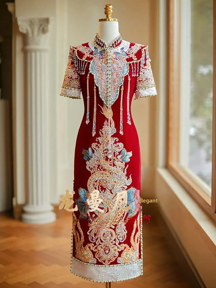 

Red Chinese Sle Wedding Dr Luxury Embroidery Engagement Ceremony Drinking Ceremony Couple Matching Set