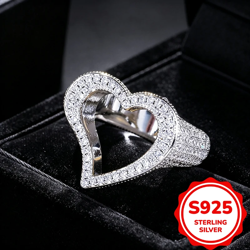 NEW Genuine 925 Sterling Silver Iced Out Double Heart Ring Women Full Micro‑Pave CZ Zircon Statement Wide Hip‑Hop Jewelry Gift