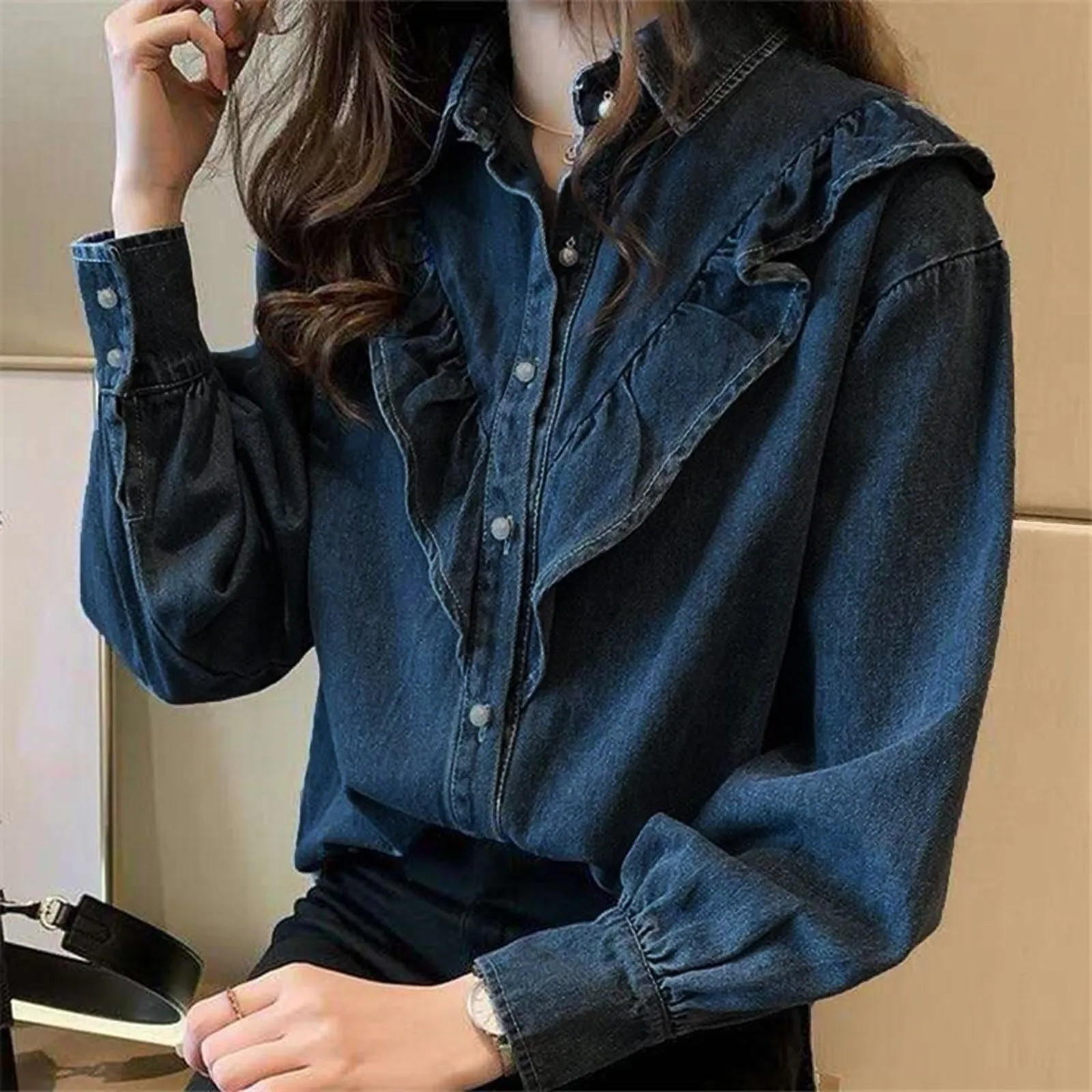 Women's Korean Style Ruffles Neck Denim Shirt Vintage Deep Blue Loose Double Pocket Long Sleeved Versatile Casual Coat Shirt