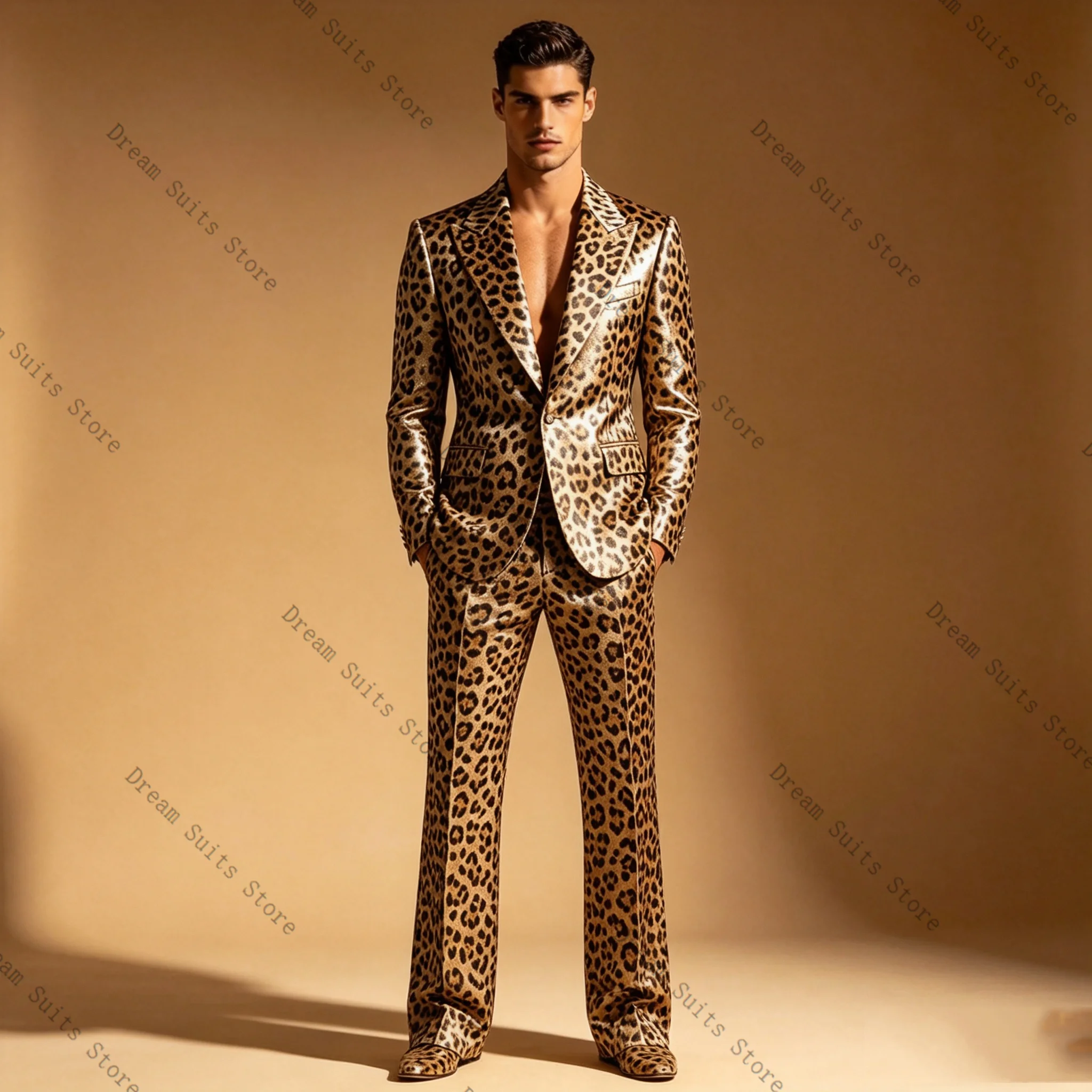 

Leopard Print Men Suit Set 2 Pcs Blazer+Pants Trousers Brown Customized Formal Office Jacket Wedding Tuxedos Prom Coat