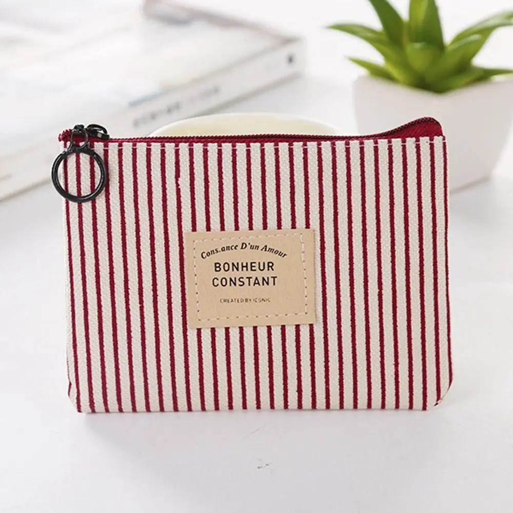 

with Key Ring Square Stripe Print Coin Purse Zipper Mini Canvas Letter Wallet Case Small Change Purse Girls
