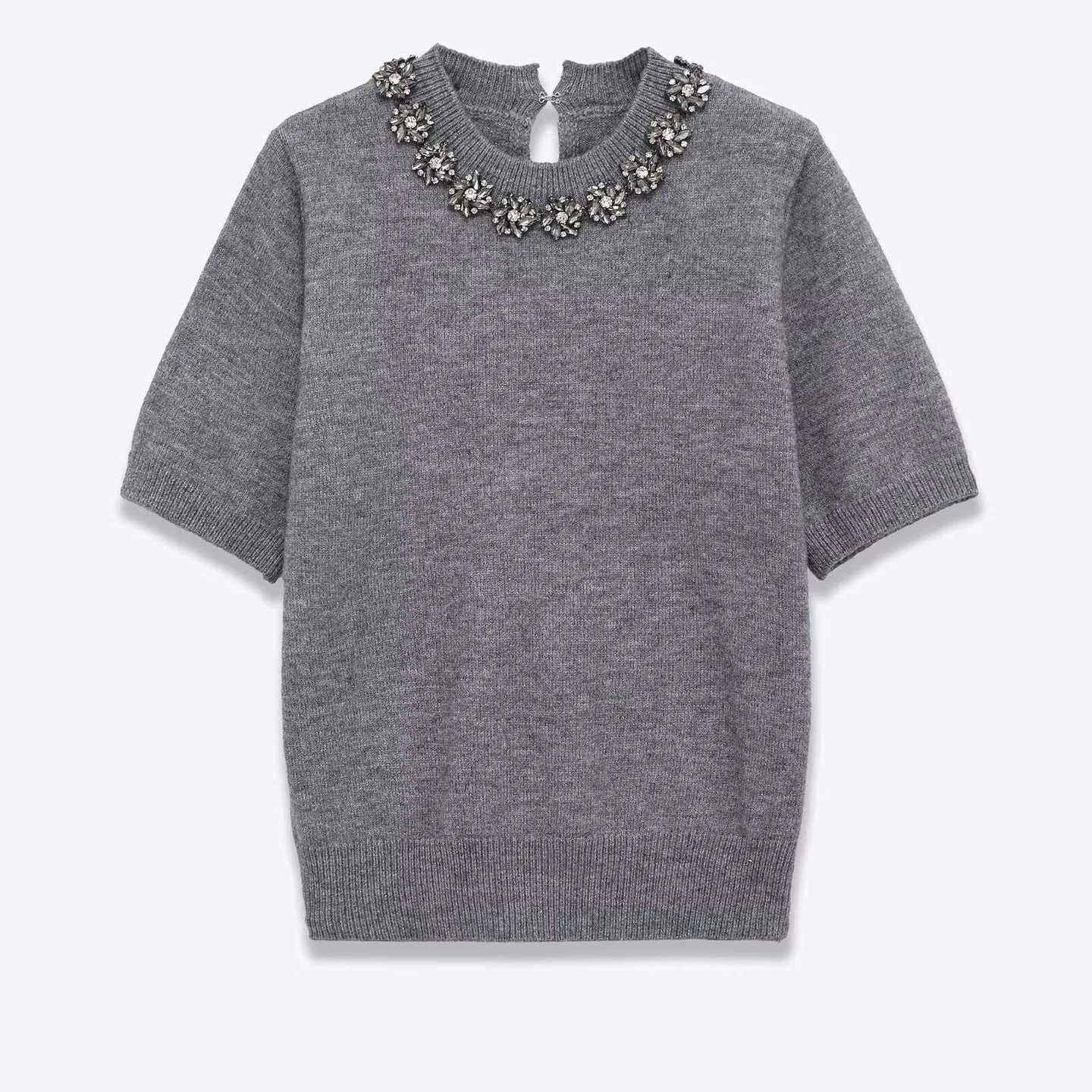 

Women's Casual Pullover Sweater Fall Winter Fashion Simple Gray Beaded Round Neck Short Sleeve Knit Top Loose Solid Color Shirt