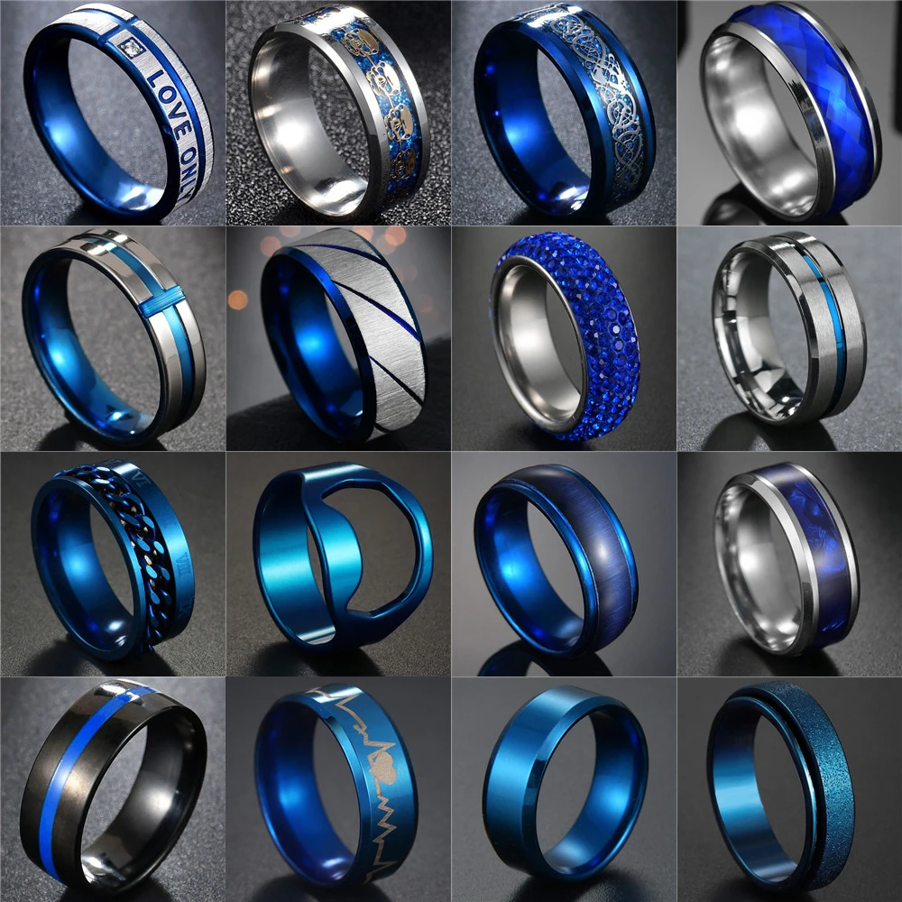 Fashion New 8mm Simple Men Ring Smooth Stainless Steel Blue Charms Rings Women\'s Couple Jewelry Gift Dropshipping