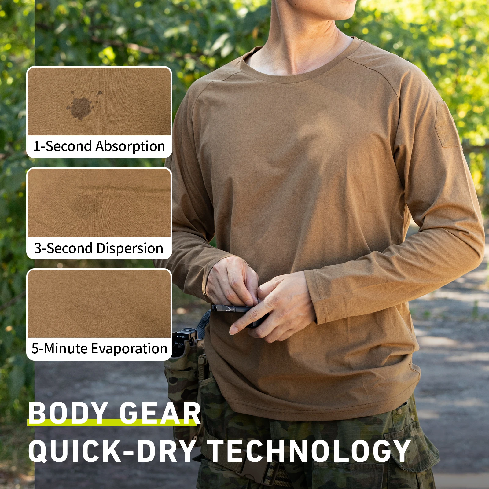 BG Men's 7A Antibacterial Long Sleeve T Shirt UPF50+ Quick Dry 4D Stretch Tactical Outdoor Coyote Brown