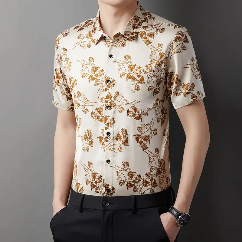 True Pocket Summer Men Short Sleeved Ice Shreds Slim Large Size Casual Half Sleeve Printing Tops Middle Age Thin Style Shirt