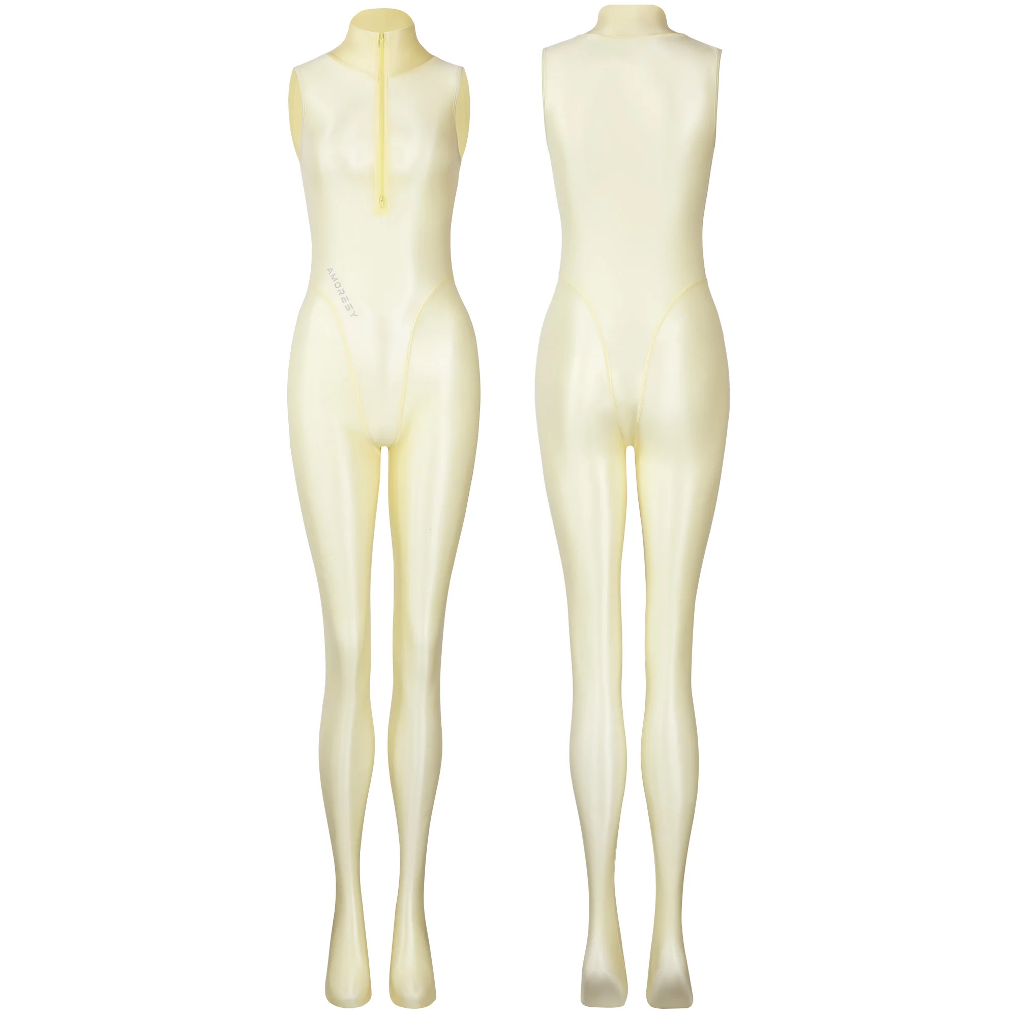 AMORESY dünner, glänzender, ölglatter, bidirektionaler Frontreißverschluss-Jumpsuit, einfarbiger, hochgeschlossener, ärmelloser Badeanzug – Detail 10