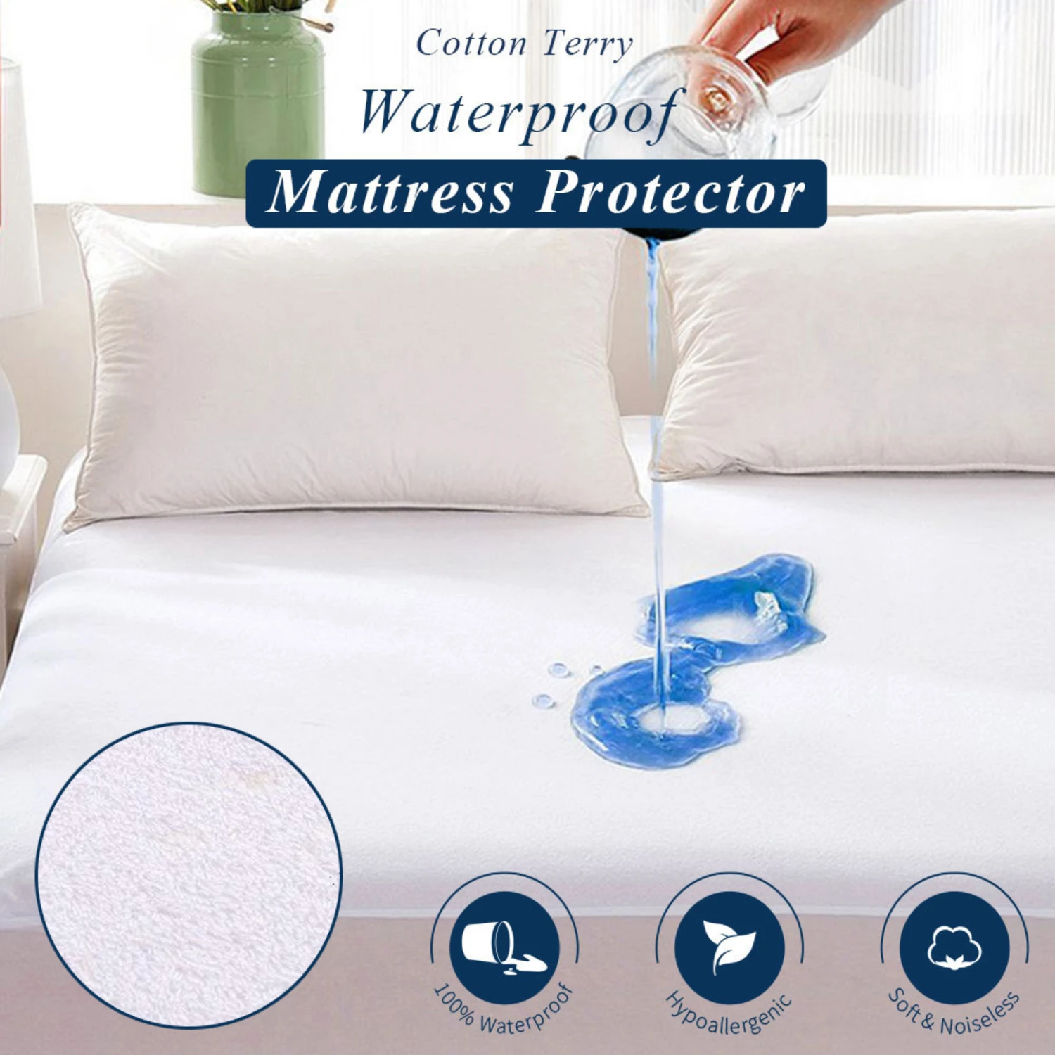 Soft Hypoallergenic Cotton Terry Mattress Cover Protector - Waterproof, Anti-Mites, Machine Washable, Breathable Sheet Protector