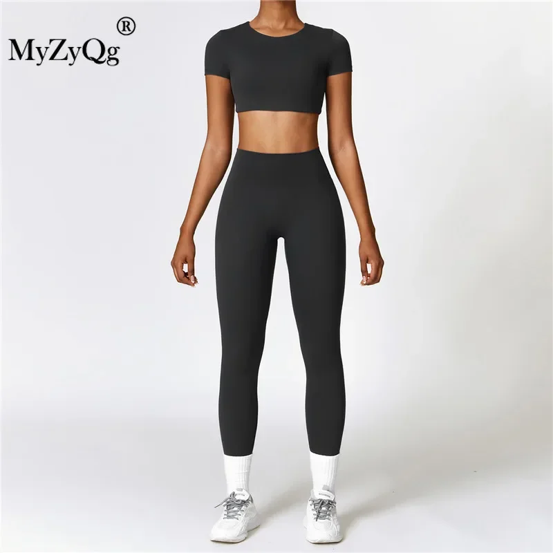 MyZyQg-Ensemble de yoga pour femmes, T-shirt serré à manches courtes, pantalon d'extérieur, sport de loisirs, course à pied Pilate, fitness, legging imbibé