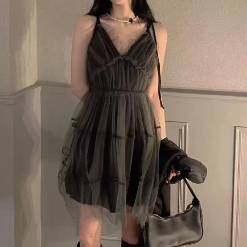 

Летнее сетчатое платье, женское милое вечернее однотонное модное мини-милое черное платье с v-образным вырезом на бретельках, стиль принцессы, милая леди