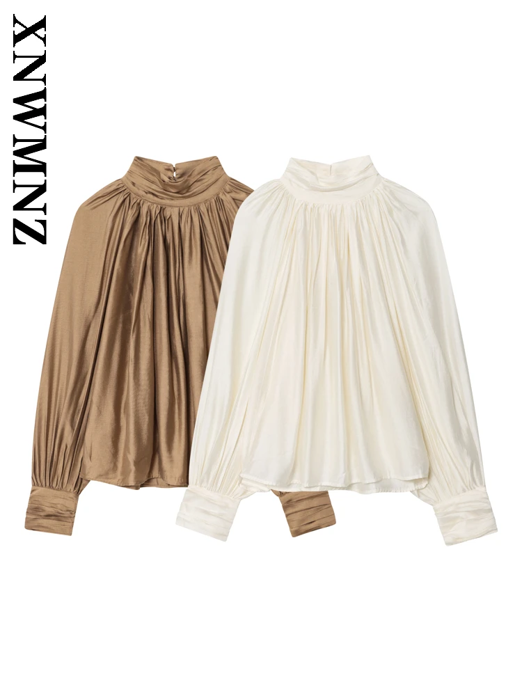 XNWMNZ 2025 Autumn New Lady Commuting Fashion Long Sleeve Stand Collar wrinkle Long Sleeve Top Vintage Chic Woman Simple Top