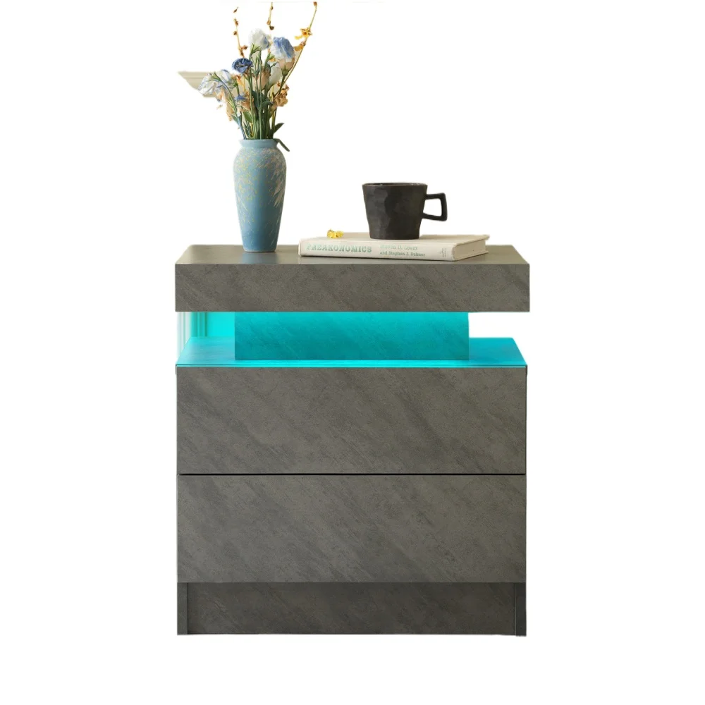 

Nightstand LED Bedside Table Cabinet Lights Modern End Side with 2 Drawers for Bedroom (Deep Gray)