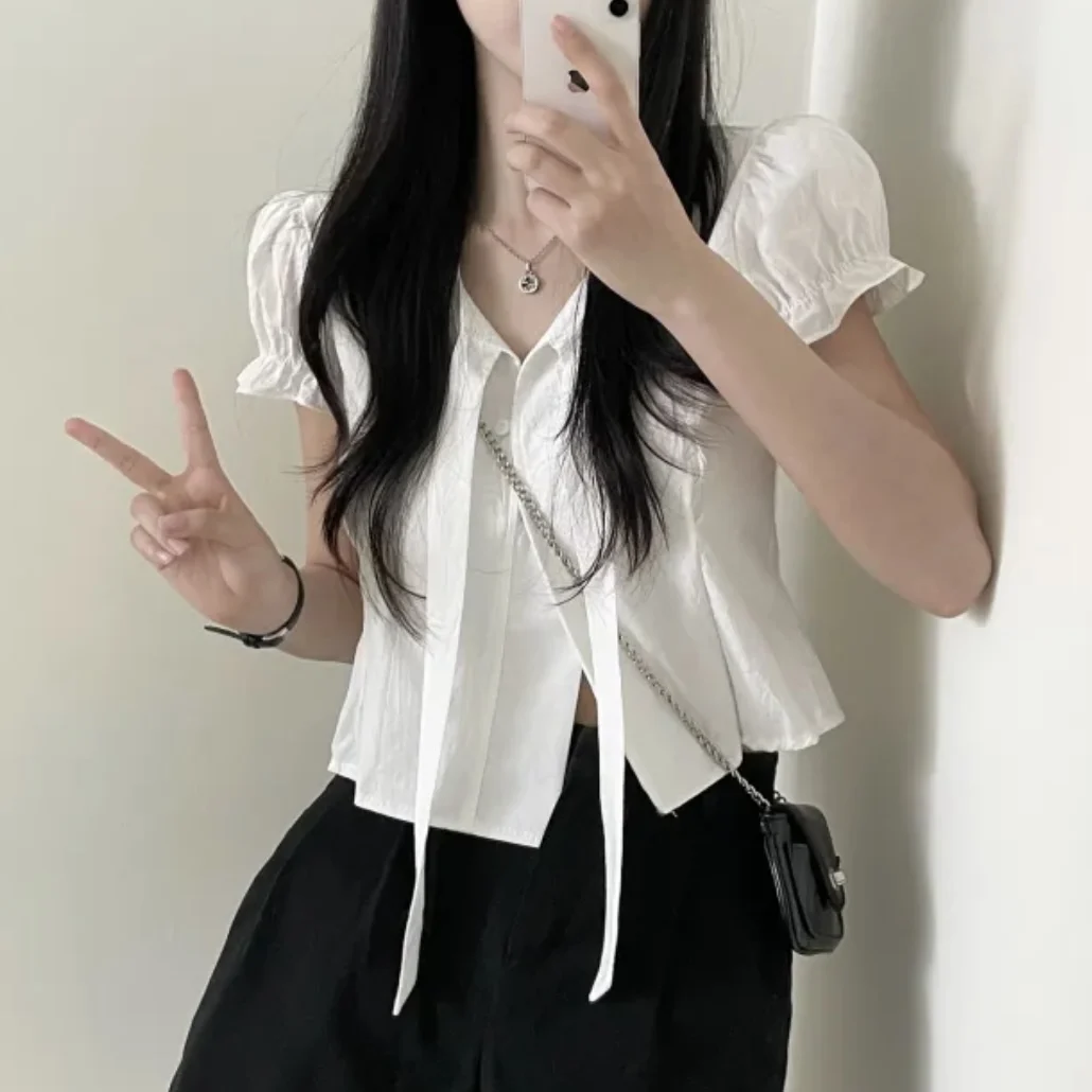 

Summer Fashionable Versatile Women's Shirt Short One-Button Bow V-Neck Slim Fit Bubble Sleeve Top Korean Style Commute Wind