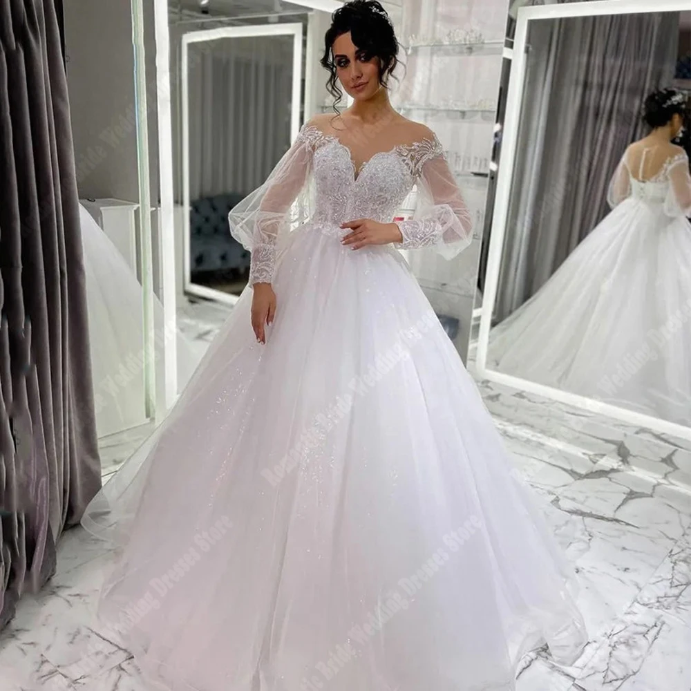 

Graceful A-Line Women Wedding Dresses Celebrity Tulle Bridal Gowns Fluffy Long Sleeves Mopping Length Princess Vestidos De Novia