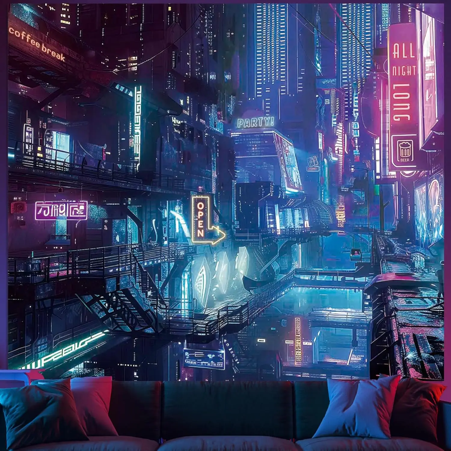 Anime Punk City Wall Tapestry Bedroom, Futuristic Neon Night Street Tapestry Aesthetics, Playroom Dormitory Decoration