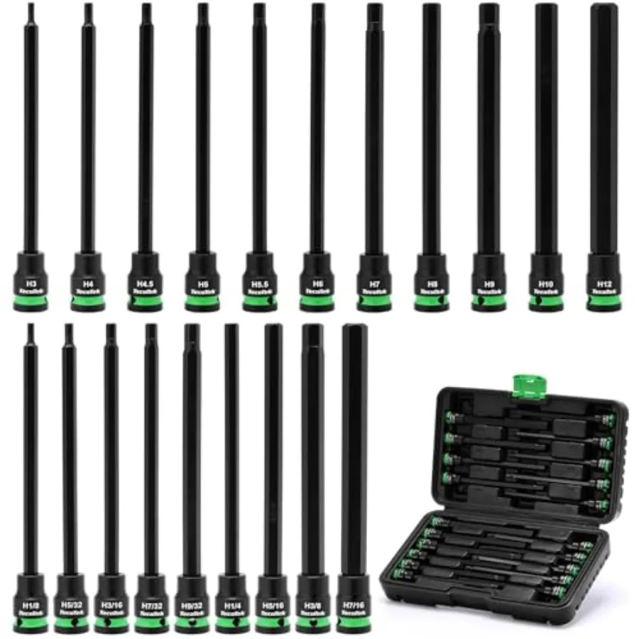 

3/8" Drive Long Impact Hex Bit Socket Set, Allen Bit Sockets, 20PCS Allen Wrench Socket, SAE 1/8"-7/16" and Metric (3MM-12MM),
