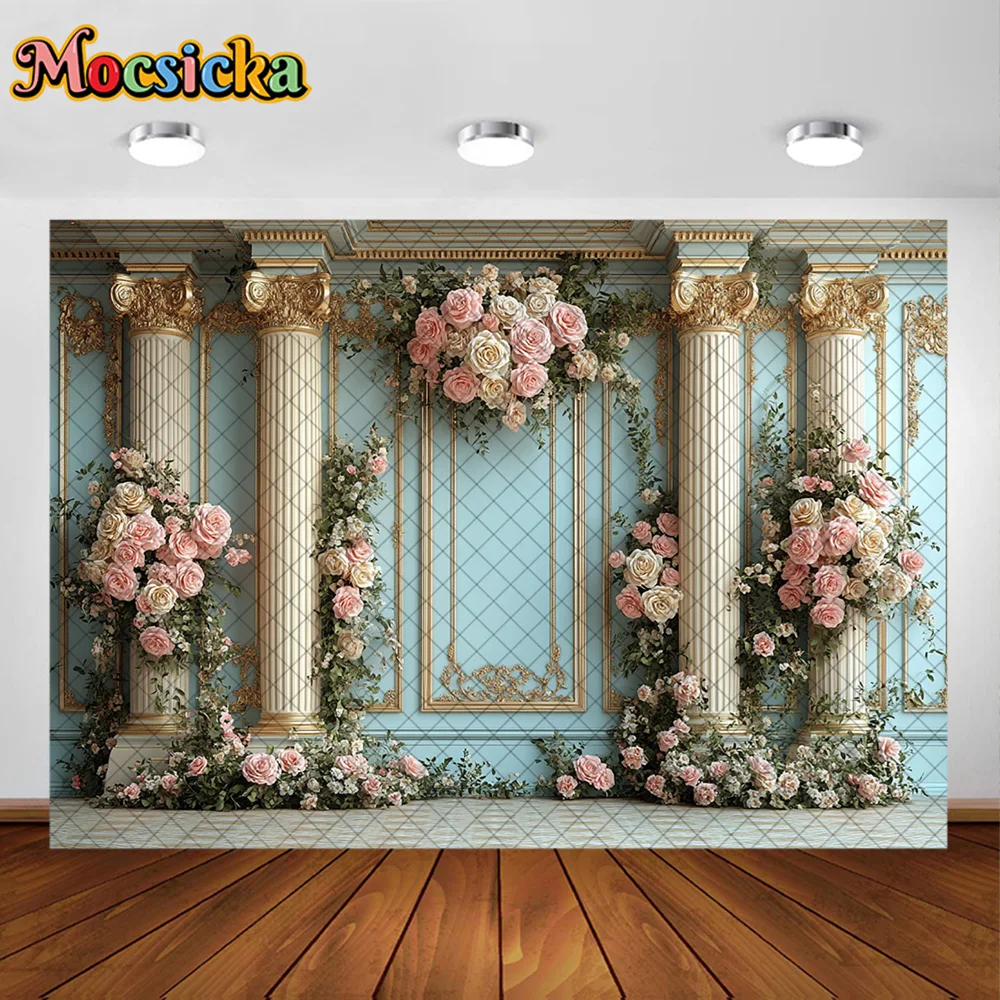 Mocsicka – arrière-plan de photographie, fleur rose, colonne dorée, décoration, gâteau de réception-cadeau pour bébé, accessoires de Studio pour Portrait de fête