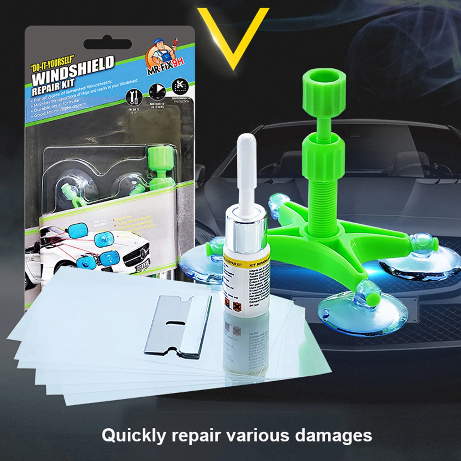 

Car Glass Repair Kit W/5 Curing Strips Glass Corrector Set Windscreen Windshield Window Polisher Set Chip Crack Polishing Tools