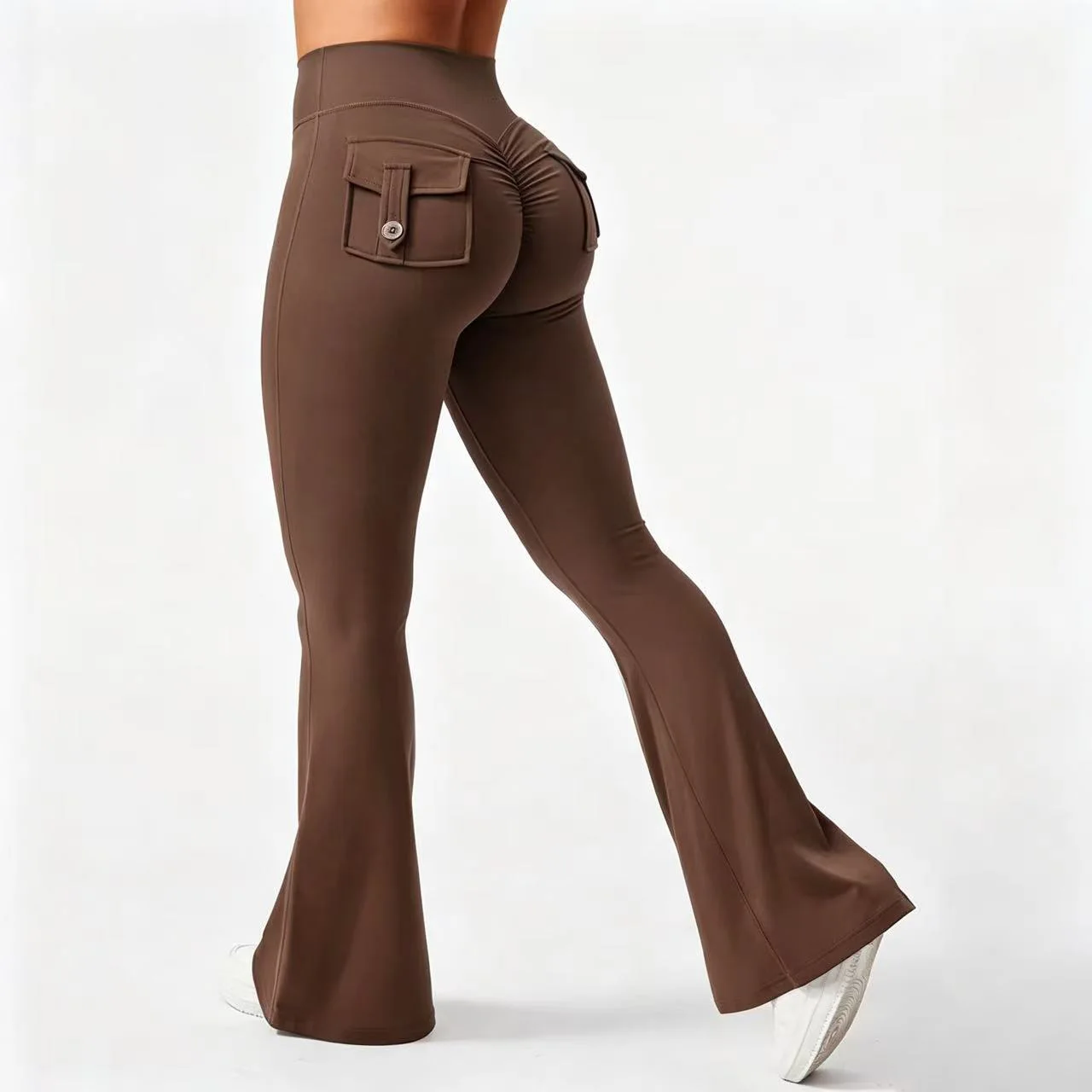 Damen Cargo-Taschen Flare Yoga-Hose mit hoher Taille, Po-Lifting-Effekt, dehnbare, schmale Bootcut-Leggings für Workout, Fitness, Sport und Freizeit – Detail 12