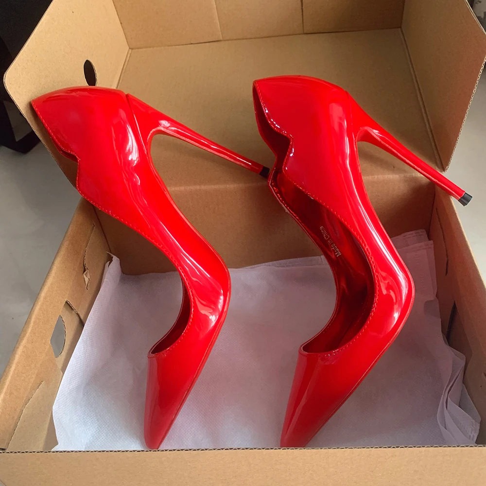 Newly Women Sexy Elegant Pumps Stilettos Glossy Patent Side V Cut High Heels Pointed Toe Party Curl Cut Celebrity Shoes Size46