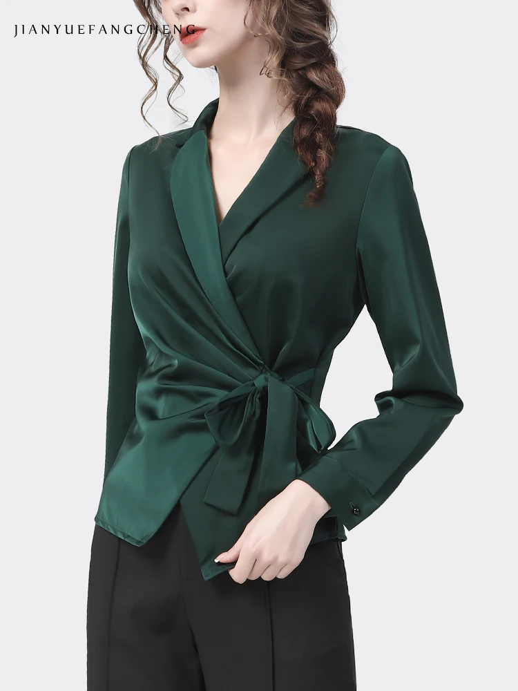 Womens Long Sleeve Green Satin Lace-Up Shirt Crossed V-Neck Elegant Slim Fit Spring Summer Ladies Tops Casual Working Blouses