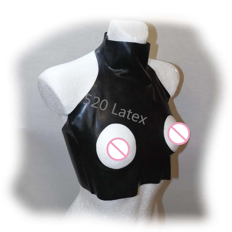 Sexy Black Latex crop top open breasts Rubber bra top halter Lingerie Gummi Fetish