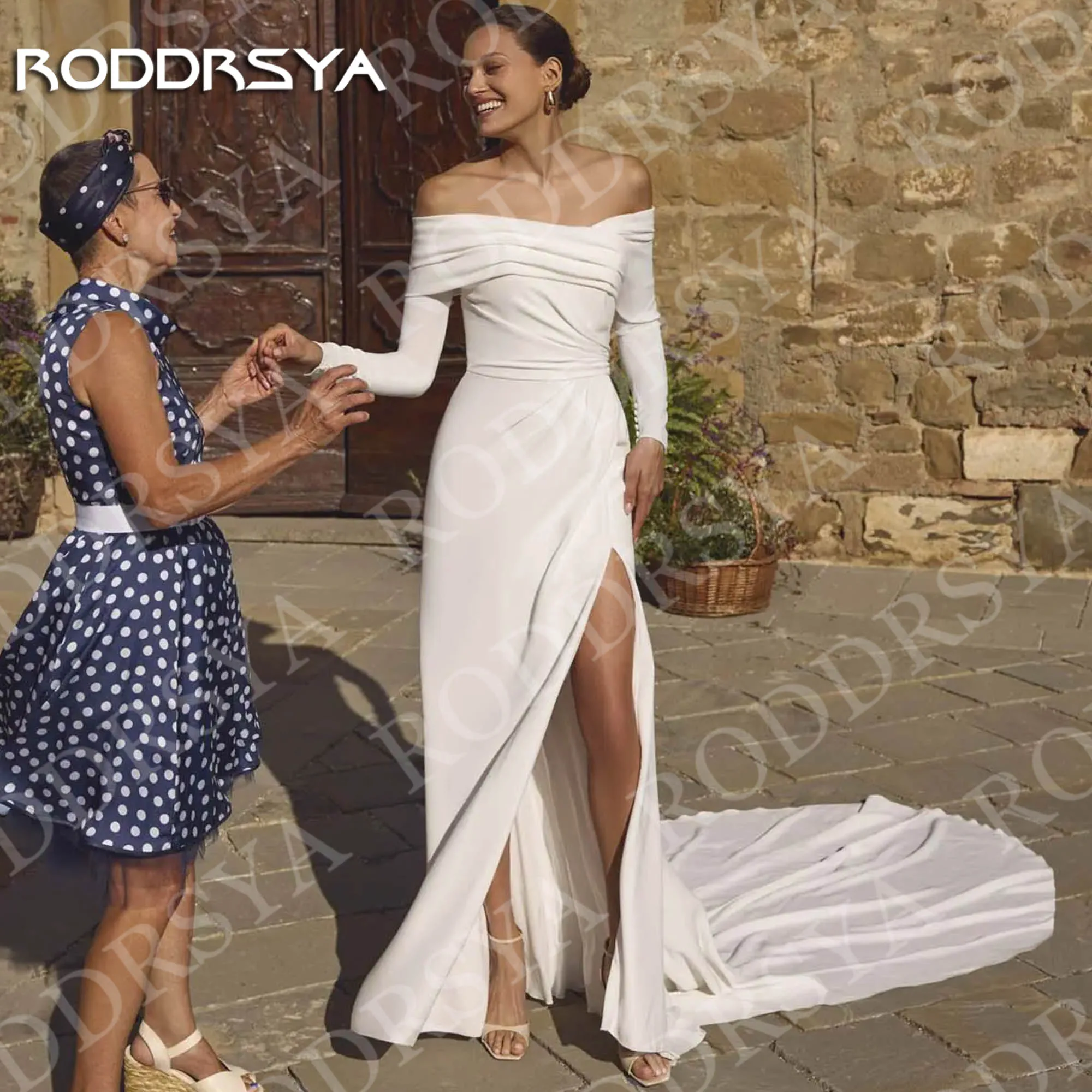 

RODDRSYA Mermaid Wedding Dress Off Shoulder Long Sleeve Romantic High Slit Chic Bridal Gown Customized Sweep Train robe mariée