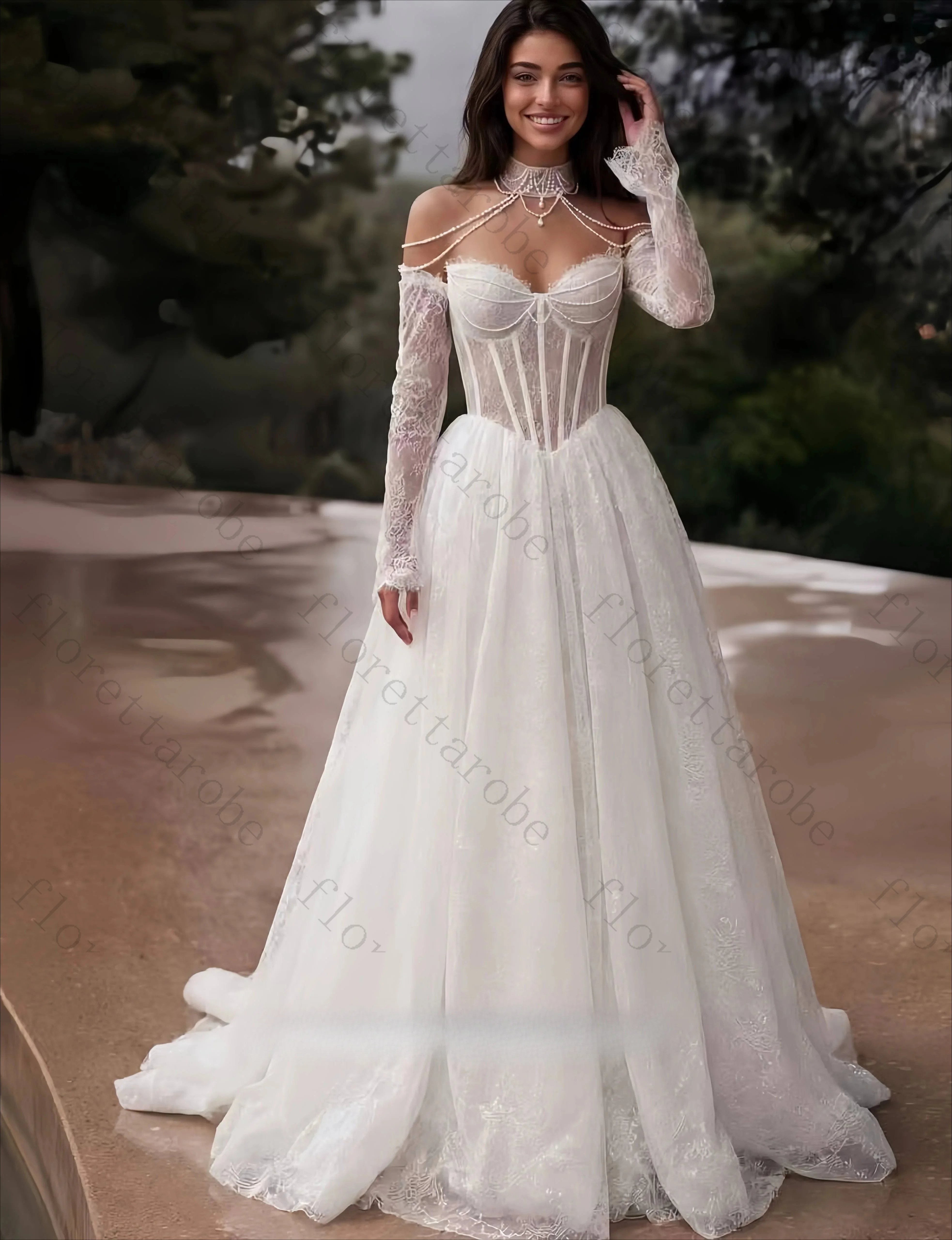 Customized Elegant Sweetheart Neck A-line Wedding Dresses Exquisite Decal Pearl Backless Embroidery Off The Shoulder Bride Dress