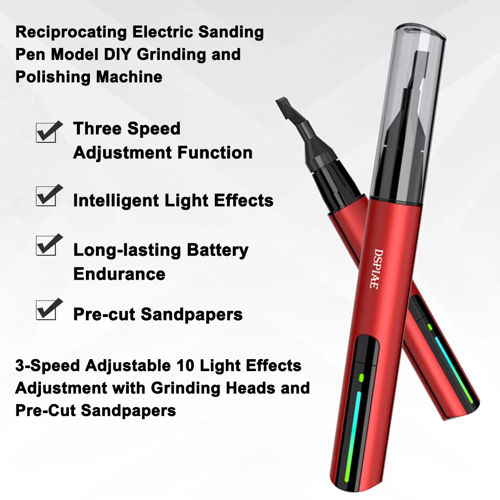 DSPIAE Reciprocating Electric Sanding Pen Model DIY Grinding&Polishing Machine 3-Speed Adjustable 10 Light Effects Adjustment