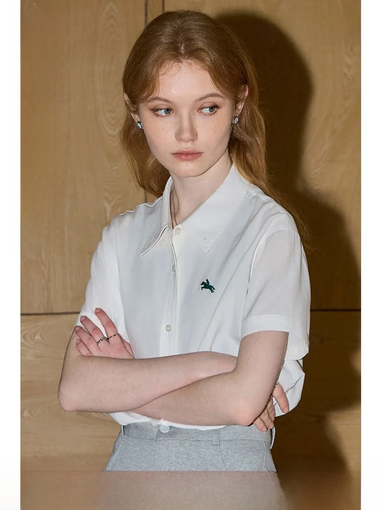 

KuNmArVi Summer New Talent Girl Short Sleeve Turn-down Collar Shirt Women's Fashionable Korean Style Straight Cut Button Detail