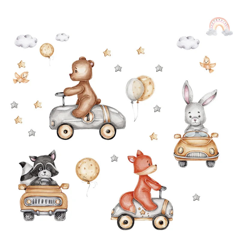 Animals Bear Rabbit Balloon Wall Stickers for Children Kids Rooms Girls Boys Baby Room Bedroom Decoration pegatinas de pared