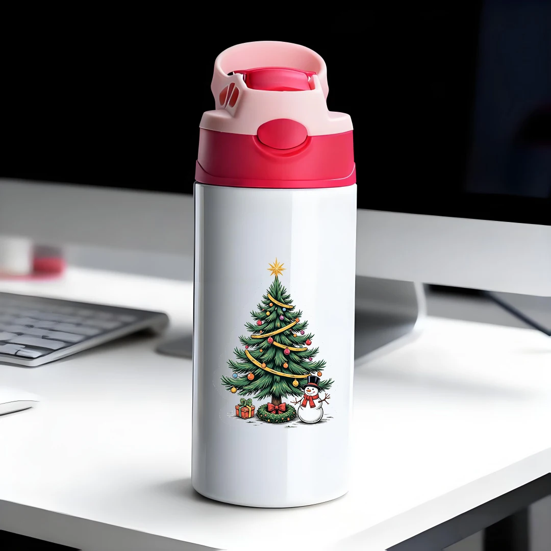 

304 stainless steel thermal cup cartoon Christmas tree design kids straw cup essential Christmas gift for childrens thermal w