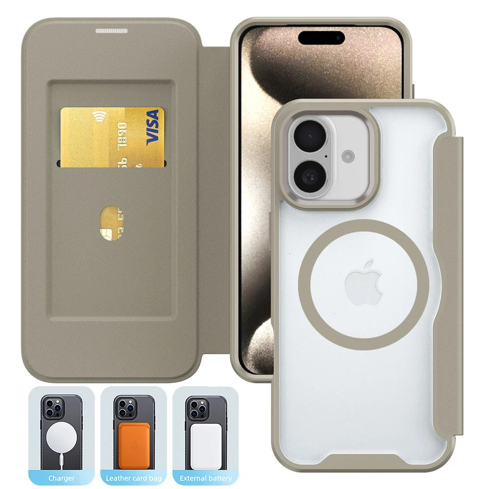 

Luxury Flip Slot Card Wallet Magnetic Phone Case For iPhone 15 16 11 12 13 14 17 Pro Max X S Matte Translucent Shockproof Cover