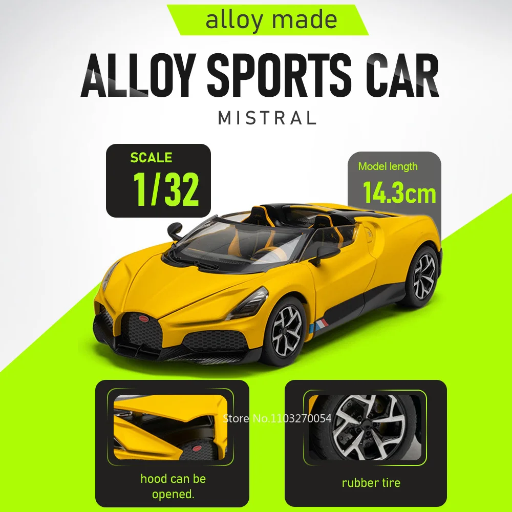 

1:32 MISTRAL DIVO Sport Car Alloy Diecast Model Toy with Display Box Rubber Tire Doors Opened Miniature Cars Children's Day Gift