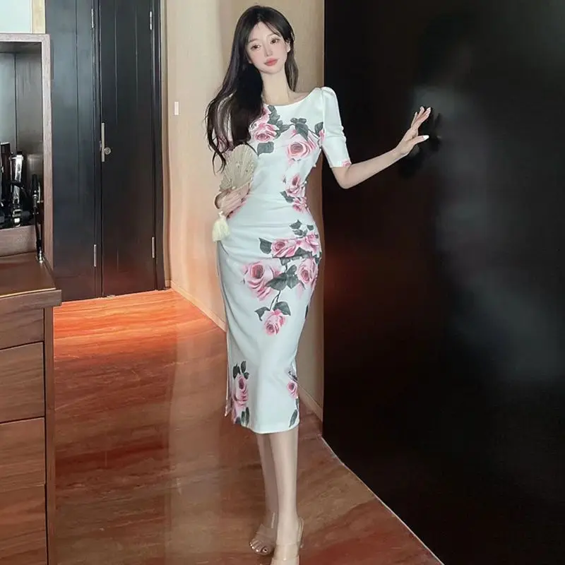 Short Sleeve Crew Neck High Waist O Collar Dress Professional Women's Office Pencil dress Fashion Slim Women's Knee Dress