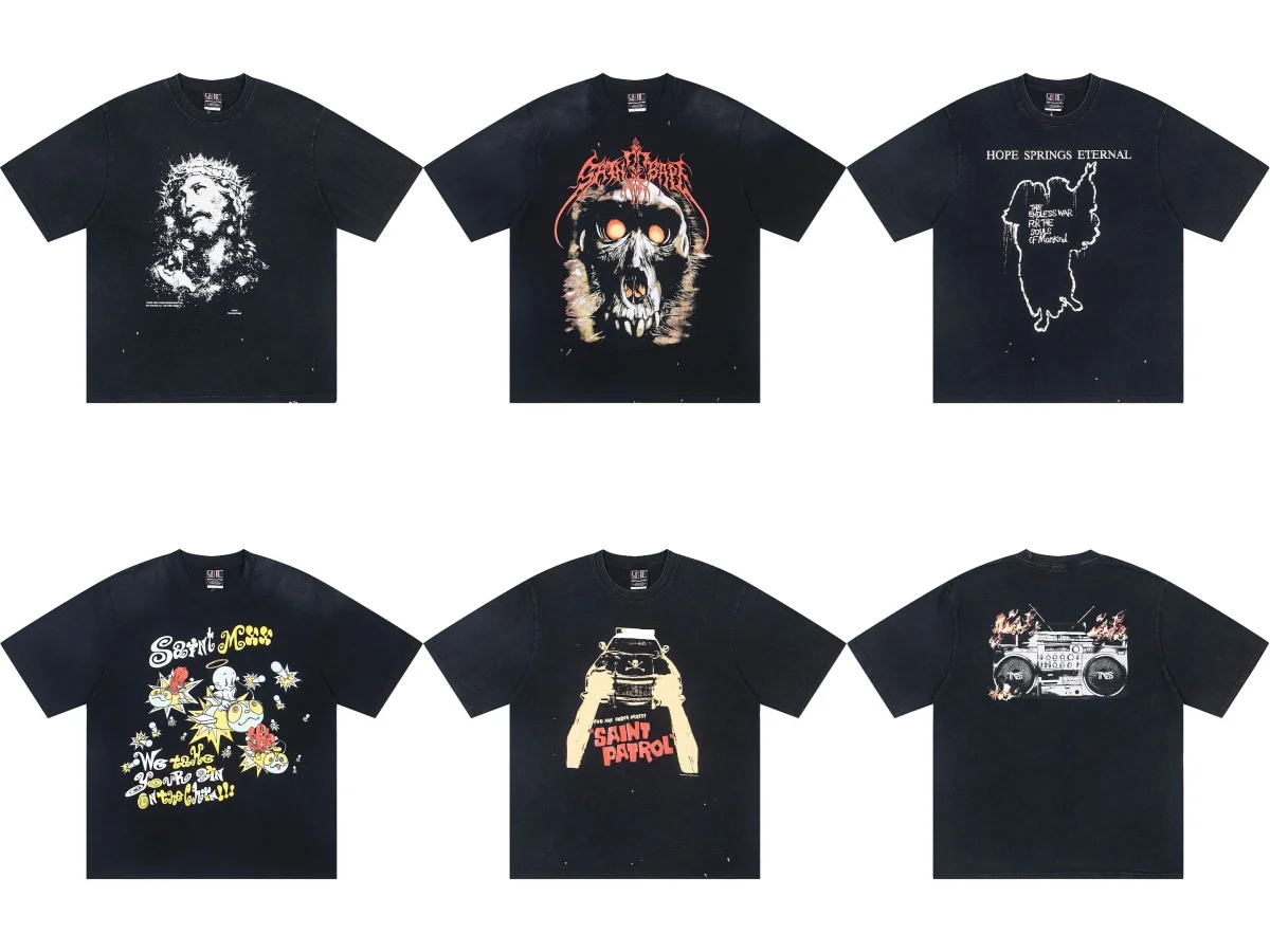 Oversized Distressed Black T-Shirt Saint Cartoon Angel Insect Print Vintage Washed Graffiti Letter Loose Streetwear Cotton Tees