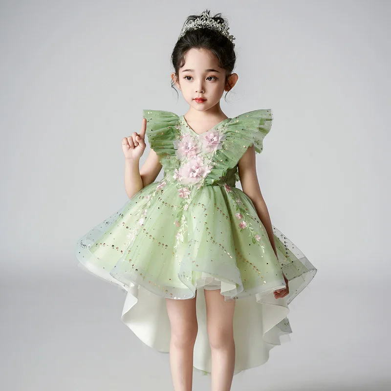 2024 New Spring and Summer Mesh Princess Dress CuHK Childrens Skirt June 1 Childrens Performance Skirt Green Tuxedo Dress