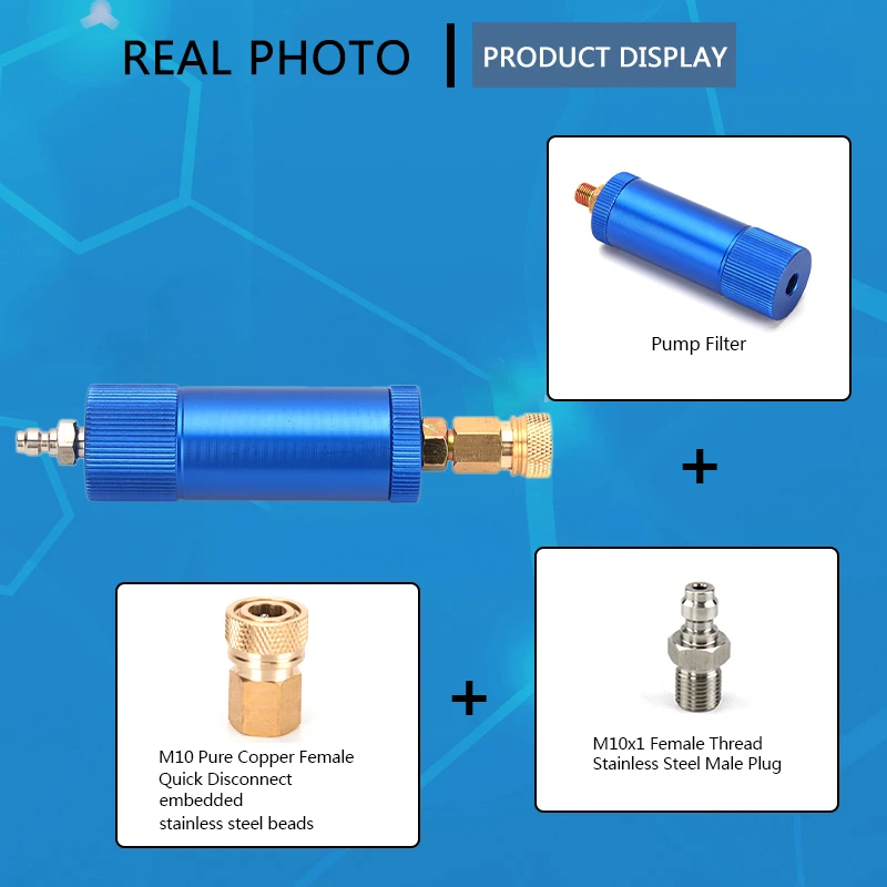 Filtro de bomba manual con rosca M10x1, desconexión rápida, compresor de aire PCP, separador de agua y aceite azul, elemento filtrante de algodón