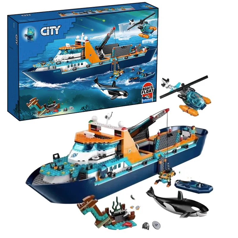 Arctic Explorer Ship Compatible 60368 Building Block Toys Floatable Boat Helicopter ROV Sub Orca Bricks Gifts Birthday Party Gir