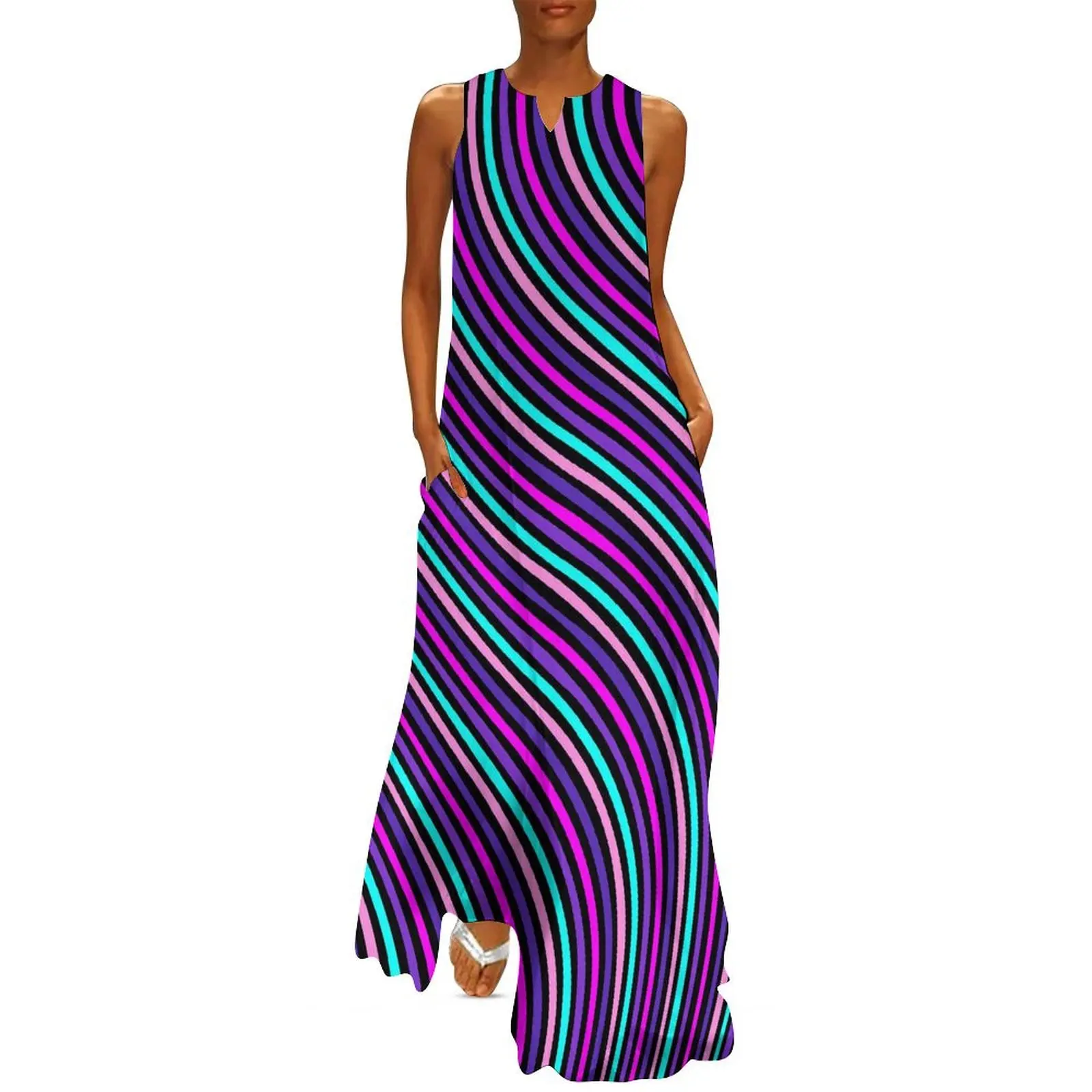 

Colorful Striped Dress Summer Abstract Art Aesthetic Bohemia Long Dresses Womens Design Party Maxi Dress Large Size