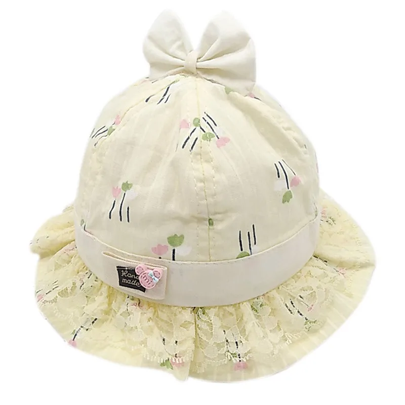 Baby Summer Bucket Hat Lace Bow Floral Print Newborn Cap Cotton Toddler Sun Hats Infant Bucket Cap Accessories